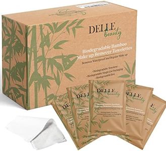 Delle Beauty 50PCS Make up remover wipes individually wrapped. 100% biodegradable make up towelette and packaging. Removes waterproof makeup and mascara - great for travel, airbnb, & stocking stuffers