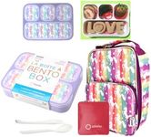 kinsho Bento Lunch Box with Bag and Ice Pack for Girls, Kids | Snack Containers with 4 Compartment Dividers, Boxes for Toddlers Pre-School Daycare Tween Leakproof Set BPA Free, Rainbow Unicorn