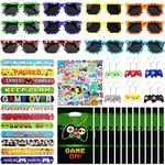 98 PCS Video Game Party Favors,party supplies include Goodies Bags,Keychain,Slap Bracelet,Stickers,Pixel Sunglasses For Gamer Birthday Party loot bag fillers