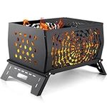 Odoland Wood Fire Pits, Camping Bonfire Stove, Burning Fire Pits for Outside, Rectangle Cast Iron Campfire Pit for Patio Backyard, with Spark Screen Fire Poker Metal Gate Carry Bag,Honeycomb Version