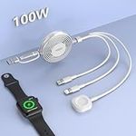 100W Multi Charging Cable for Apple Watch Charger, iPhone 15 Retractable Charging Cable with Type C 100W+IP 27W+iWatch Charger Retractable Phone Charger for iPhone/Apple Watch Series/Samsung/Pad 4FT