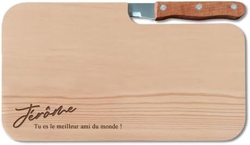 LOOXIS Planche à découper personnalisée avec couteau à bosse, nom et texte gravés - Bois de chêne, 26x15cm (Idée de cadeau pour femmes, hommes, emménagement, Saint-Valentin) Nom + texte