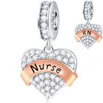 Clear Sparkle Nurse RN Heart Pendant Charms in 925 Sterling Silver, fits Pandora Medical Bracelet, Love Nursing Registered Dangle Beads, Gift for Mother/Doctor/Sister