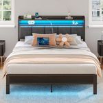 Rolanstar Bed Frame Queen Size with Charging Station and LED Lights, Upholstered Headboard with Storage Shelves, Heavy Duty Metal Slats, No Box Spring Needed, Noise Free, Easy Assembly, Dark Grey