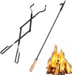 26" Fireplace Fire Pit Tongs & 32" Fire Pit Poker, Fireplace Wood Stove Firewood Tongs, Black Heavy Duty Wrought Iron Log Grabber Fire Pit Tools for Campfire, Fireplace, Bonfires, Indoor&Outdoor Use