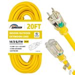 HONDERSON 20FT 14/3 Lighted Outdoor Extension Cord - 14 Gauge 3 Prong SJTW Heavy Duty Yellow Extension Cable with 3 Prong Grounded Plug for Safety,UL Listed