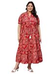 Indietoga Women's Plus Size Pure Cotton A-Line Tiered Maxi Dress (P10001530_Red Floral Printed_2XL)