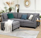 YODOLLA 225CM 3 Seater Sofa Modern Corner Sofa Bed with Footstool, Grey Sectional Sofa L-Shaped Corner Chaise Sofa Couch for Living Room