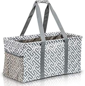 Lucazzi Extra Large Utility Tote Bag, Oversized Collapsible Reusable Wire Frame Rectangular Canvas Basket With Two Exterior Pockets For Beach, Pool, Laundry, Car Trunk, Storage - Geo Grey