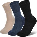 Forcool Merino Wool Crew Diabetic Socks, Loose Top Extra Wide Non-Binding and Cushioned for Men and Women, Black+Khaki+Denim blue, Large, 3 Pairs