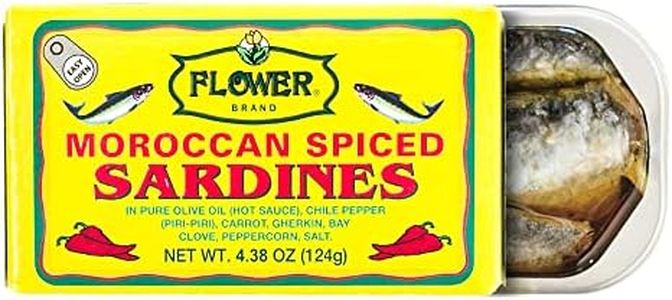 Flower Brand Spiced Sardines (Olive Oil) 4.38 oz Morocco Wild Sardines Canned Sardines, High Protein Food, Keto Food, Keto Snacks, Gluten Free Food, Canned Food Bulk Sardines in Oil (Pack of 5)