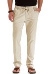 Sailwind Men's Drawstring Casual Summer Beach Loose Trousers Linen Pants with Elastic Waistband Beige-US 32