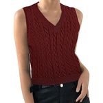 Sleeveless Sweater for Women UK Plus Size Cable Knitted Vest Tops Solid Elegant V Neck Jumper Tanks Shirts Chunky Knitted Camisole Tops Vintage Knitted Gilet Casual Knitted Blouse Wine L