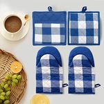 Lushomes 4 Pack Buffalo Check Quilted Heat Resistant Cotton Oven Mitt & Pot Holder Set, Blue/White, for Baking, Grilling, BBQ, Cooking, Handling Pots, 2 Pcs Glove 6x13 Inch, 2 Pcs Pot Holder 9x8 Inch