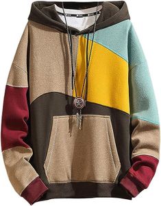 Moshtashio Hoodies for Men Color Block Hoodie with Design Hip Hop Colorful Hooded Pullover Novelty Sweatshirt, 1 Khaki, XX-Large