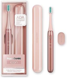 Aquasonic Icon ADA-Accepted Rechargeable Toothbrush | Magnetic Holder & Slim Travel Case | 2 Brushing Modes & Smart Timers | Gentle Micro-Vibrations (Blush)