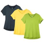 icyzone Workout Shirts Yoga Tops Activewear V-Neck T-Shirts for Women Running Fitness Sports Short Sleeve Tees (Ombre Blue/Spectra Yellow/Green Glow, S)