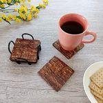 Picrazee Wooden Coaster Set of 6 with Wrought Iron Coaster Stand; Designer Coaster Set for Tea Cups, Coffee Mugs and Glasses (Tree Bark)