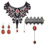 JeryWe 4PCS Gothic Vintage Witch Vampire Jewellry Set Women Black Lace Choker Necklace Long Fingerless Gloves Bracelet Earrings Punk Party Cosplay Costume Accessories Halloween Easter RED-3