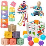 Montessori Baby Toys 6-12-18 Months, Stacking Cups Building Block Toddler Sensory Toys, Pull String Infant Teething Toy, Shape Sorter Bin Montessori Toys for 1-3 Year Old Birthday Gifts Boy Girl