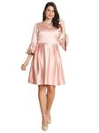 Klaasey Pink Princess Dress | Pastel Pink Peach Silk with Pleated Pattern | Umbrella Sleeves | Perfect for Parties, Weddings, Formal Events | Available in Sizes S, M, L, XL | Dry Clean Only