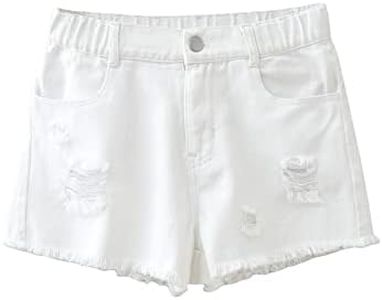 OYOANGLE Girl's Mid Rise Ripped Raw Hem Straight Leg Jean Denim Shorts with Pocket White 150