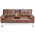 POWERSTONE Faux Leather Futon Sofa Bed Convertible Folding Couch for Living Room Sectional Sleeper Sofa for Small Space with Cup Holder and Removable Armrest Brown