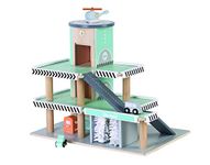 Children’s Wooden toy garage: Multi-storey car park, working 3 floor lift, elevator, petrol pump and car wash with 3 vehicles, car, ambulance and helicopter, kids toys, boys and girls, 2 year olds