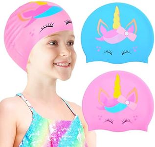 Sylfairy 2 pcs Kids Swim Cap Silicone Swimming Cap for Boys Girls (Age 2-6) Cover Ears Waterproof Bathing Cap Keep Hair Dry Swimming Hat for Hair