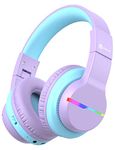 iClever BTH12 Kids Headphones with Built-in Mic, Colorful LED Lights Kids Wireless Headphones with 74/85/94dB Volume Limited Over Ear, 85H Playtime, Bluetooth 5.2, for School/Tablet/PC/Airplane,Purple