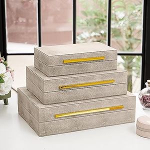 Inbagi 3 Pcs White Shagreen Box with Gold Handles Stackable PU Leather Decorative Boxes with Lid Modern Decorative Storage Box for Jewelry Book Table Home Organizer, 3 Sizes