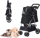 LPOTIUS Pet Stroller for Medium Small Dogs Cats, One-Hand Folding Portable Travel Cat Dog Stroller with Storage Basket and Cup Holder, 4 Wheels, Black