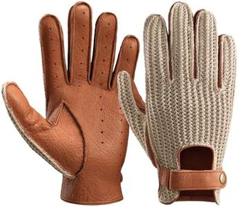 OZERO Men's Leather Driving Gloves, Goatskin Palm with Crochet Knit Back, Full Finger, Perforated, Snap Wrist Strap for Driving, Riding & Casual Wear (Brown,Small)