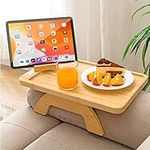 Bamboo Sofa Arm Tray Table with Rotating Mobile Holder, Stable Couch Armrest Tray, Clip-On Sofa Tray Table for Wide Couches, Foldable Couch Arm Clip Table for Eating and Drinking