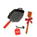 GEMMA Cast Iron Grill Pan with Silicone Grip(2L) 24cm|Pre-Seasoned|Gas Stove Compatible |100% Pure Cast Iron |Non Toxic|Stick Free -Weight (2.4 kg)|(red)|