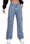 Metietila Women's High Rise Cargo Jean Stretch Straight Wide Leg Jeans Denim Pants for Women Classic Blue L