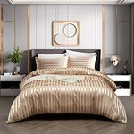 RevenRella 3 Piece Satin Duvet Cover Set Bedding Sets Italian Style 1800 Series Luxury Rich Silk Silky Super Soft Stripes Hidden Zipper Closure Reversible Wrinkle Free Honeymoon(Taupe, King)