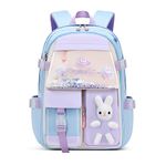 Kawaii Bunny Primary Girls Backpacks Elementary School Bags Bookbags with Refrigerator Front Pocket, Blue-Large