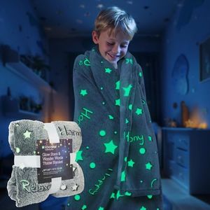 Glow in The Dark Throw Blanket 50" x 60" Cozy Super Soft Plush Fleece Blanket, with Stars and Words of Encouragement, for Adults Kids Teens Fun Gift for Boys Girls Grandkids