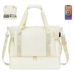 MoKo Personal Item Travel Bag - Duffle Bag with USB Charging Port, Weekender Overnight Carry On Bag with Wet Pocket for Women Travel, Gym, Yoga, Beige