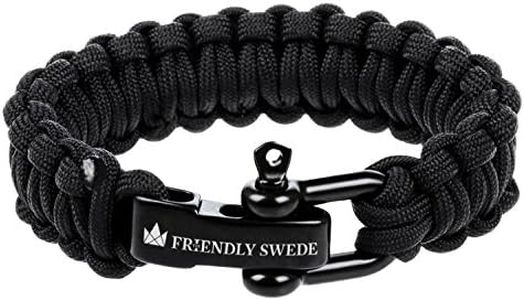 The Friendly Swede Paracord Bracelet with Stainless Steel D Shackle, Survival Bracelet, Paracord Bracelets For Men, Survival Bracelets For Men - Adjustable Size - Black - Medium Fits 7-8" Wrists