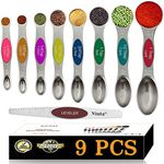 NIUTA 9 Pack Chef Magnetic Measuring Spoons Set, Germany Stainless Steel,Dual Sided, Fits in Spice Jars-Multicolour