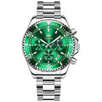 OLEVS Silver Watches for Mens Big Face Green Dial Analog Quartz Men's Chronograph Watches Stainless Steel Easy to Read Lunar Phase Mens Watch Fashion Classic Business with Date Dress Watches for Men