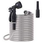 FOXEASE Metal Garden Hose 50 ft - Stainless Steel Water Hose with 2 Nozzles, Lightweight, Tangle Free & Kink Free, Heavy Duty, High Pressure, Flexible, Dog Proof