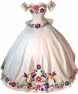 Ball Gown Off The Shoulder Masquerade Wedding Prom Quinceanera Dresses Ivory for Women Teen Girls Satin Corset Back Big Bows Flower Embroidered with Short Sleeves Train 12