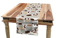 Lunarable Coffee Table Runner, Cups of Coffee Pattern with Beans Espresso and Cappuccino Drinks Illustration, Dining Room Kitchen Rectangular Runner, 12" X 120", White Beige