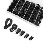 625Pcs R-Type Nylon Cable Clamp, Black Plastic Screw Mounting Electrical Wire Clips Kit for Wire Management 6 Size 5/6/9/12/19/30mm