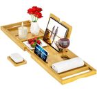 Premium Bamboo Bath Tray – Expandable Bath Caddy Tray- Adjustable Bathtub Tray Caddy,Fits Most Bathtub Sizes