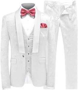 UNINUKOO Mens 3 Piece Suit Jacquard Floral Shawl Lapel Fancy Suits for Men Wedding Party Prom Tuxedo Suit Set US Size 38 White