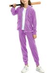 MessBebe Girls Velour Tracksuit Zip Hoodie and Jogger Pants Set Kids 2 Pieces Sweatsuit Activewear Sets Light Purple 140